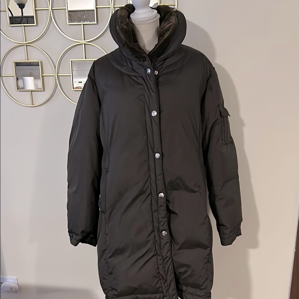 DKNY Women's Brown Puffer down full zip hideable hood trench overcoat size 2X